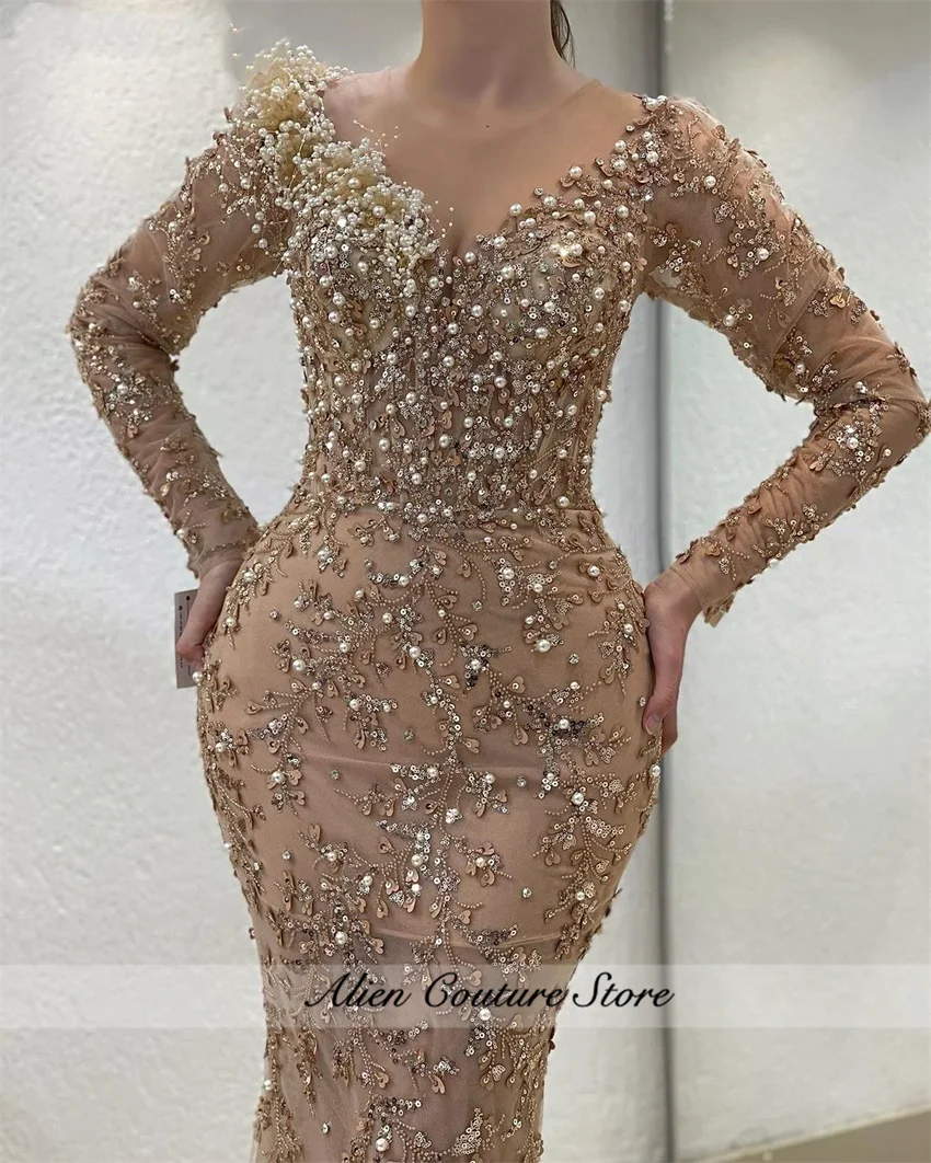 Glitter Champagne Sequined Mermaid Prom Dresses Long Sleeves Evening Party Gowns Pearls Vestidos De Noche 2025 Customized
Glitter Champagne Sequined Mermaid Prom Dresses Long Sleeves Evening Party Gowns Pearls Vestidos De Noche 2025 Customized