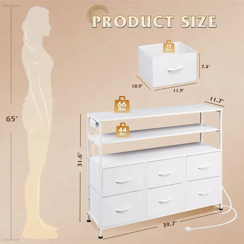 White Dresser For Bedroom, 6 Drawer Dressers With LED Lights And Charging Station, Fabric Chest Of Drawers With Open Shelv
White Dresser For Bedroom, 6 Drawer Dressers With LED Lights And Charging Station, Fabric Chest Of Drawers With Open Shelv