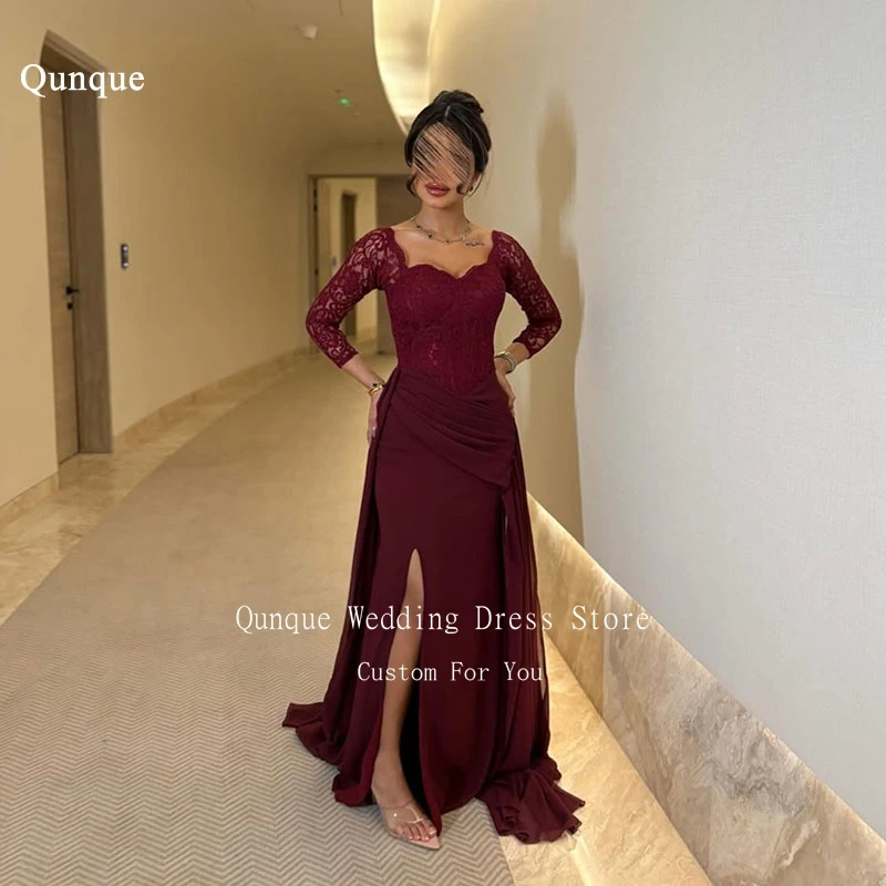 Qunque Burgundy Evening Dresses Sweetheart Long Sleeves Lace Slit Chiffon Wedding Party Dress Mermaid Dresses Luxury Customized
Qunque Burgundy Evening Dresses Sweetheart Long Sleeves Lace Slit Chiffon Wedding Party Dress Mermaid Dresses Luxury Customized