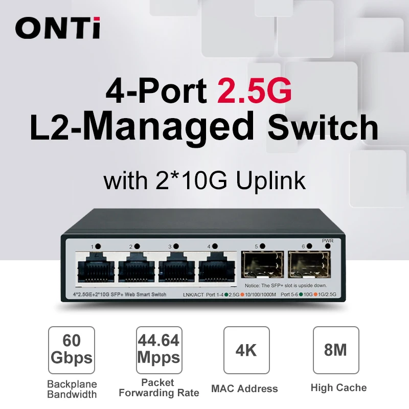 6-портовый интеллектуальный коммутатор ONTI-MINI, веб-устройство 2*10G SFP+L2 2,5 Гбит/с, хост-переключатель, 6 портов L2, 2,5 Гбит/с
6-портовый интеллектуальный коммутатор ONTI-MINI, веб-устройство 2*10G SFP+L2 2,5 Гбит/с, хост-переключатель, 6 портов L2, 2,5 Гбит/с