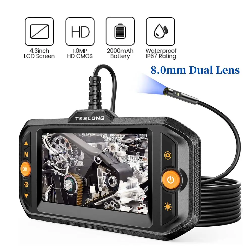 Industrial Endoscope Camera 4.3inch IPS Screen 8mm Dual Lens IP67 Waterproof Inspection Borescope for Pipe Car Repair,Teslong
Industrial Endoscope Camera 4.3inch IPS Screen 8mm Dual Lens IP67 Waterproof Inspection Borescope for Pipe Car Repair,Teslong