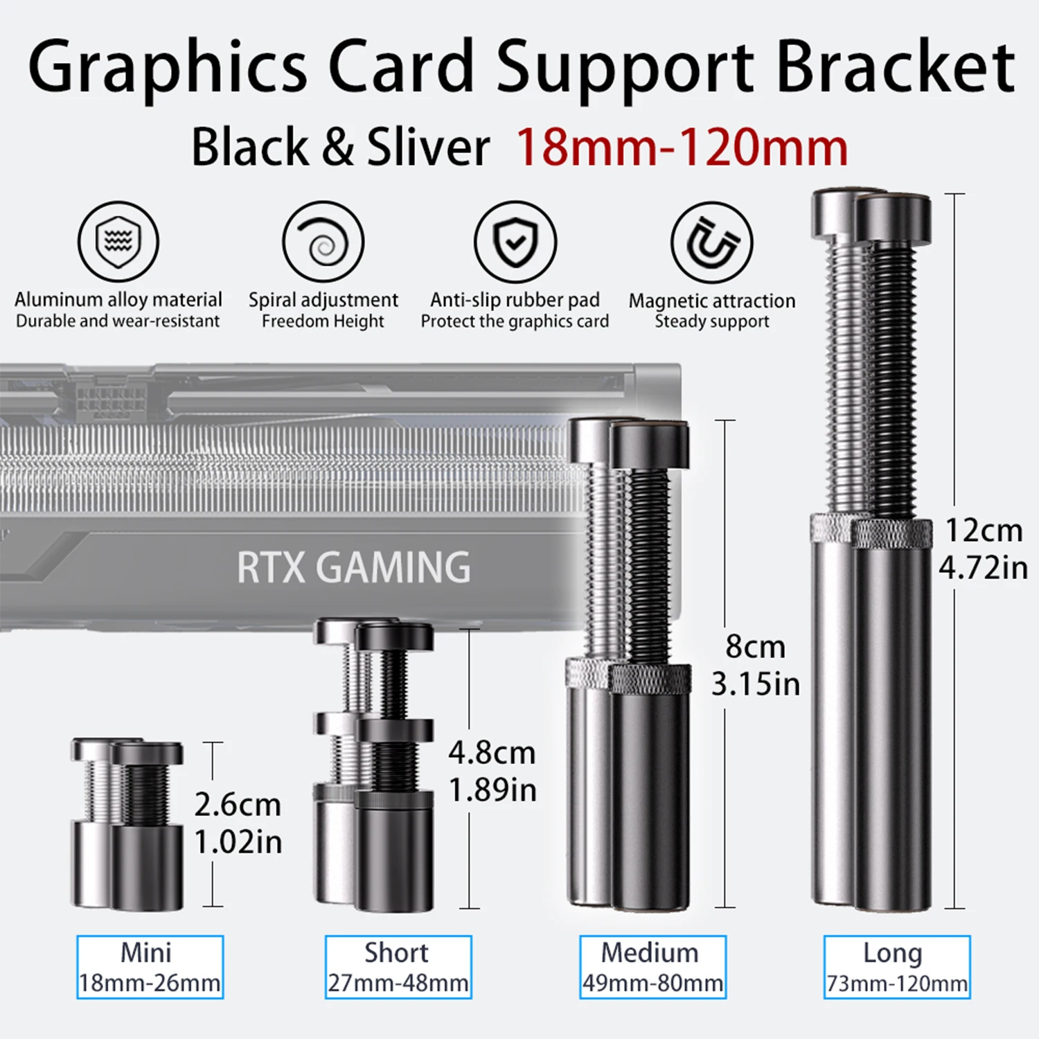 GPU Support Bracket, For ITX/ ATX 18mm-120mm PC Case Aluminum Magnetic Anti-Slip GPU Holder, Black/ Sliver With Fixed Ring
GPU Support Bracket, For ITX/ ATX 18mm-120mm PC Case Aluminum Magnetic Anti-Slip GPU Holder, Black/ Sliver With Fixed Ring