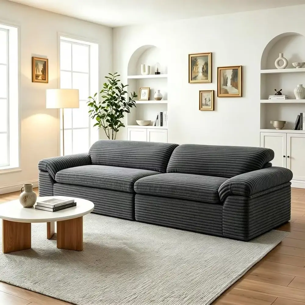 Deep Seat Sectional Sofa with Corduroy Cover and Memory Foam, 3 Seater for Living Room or Bedroom, Ready to Use, Gray
Deep Seat Sectional Sofa with Corduroy Cover and Memory Foam, 3 Seater for Living Room or Bedroom, Ready to Use, Gray