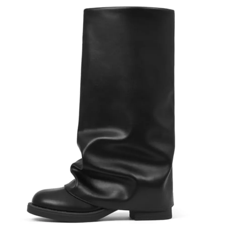 Women's Fold Over Boots Slouchy Wide Calf Pleated Platform Black Boots Round Toe Chunky Stacked Riding Biker Boots Mid Calf Boo
Women's Fold Over Boots Slouchy Wide Calf Pleated Platform Black Boots Round Toe Chunky Stacked Riding Biker Boots Mid Calf Boo