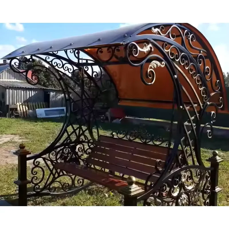 Outdoor iron swing with stand and canopy, garden metal swing chairs, patio or balcony with antique style details 
Outdoor iron swing with stand and canopy, garden metal swing chairs, patio or balcony with antique style details
