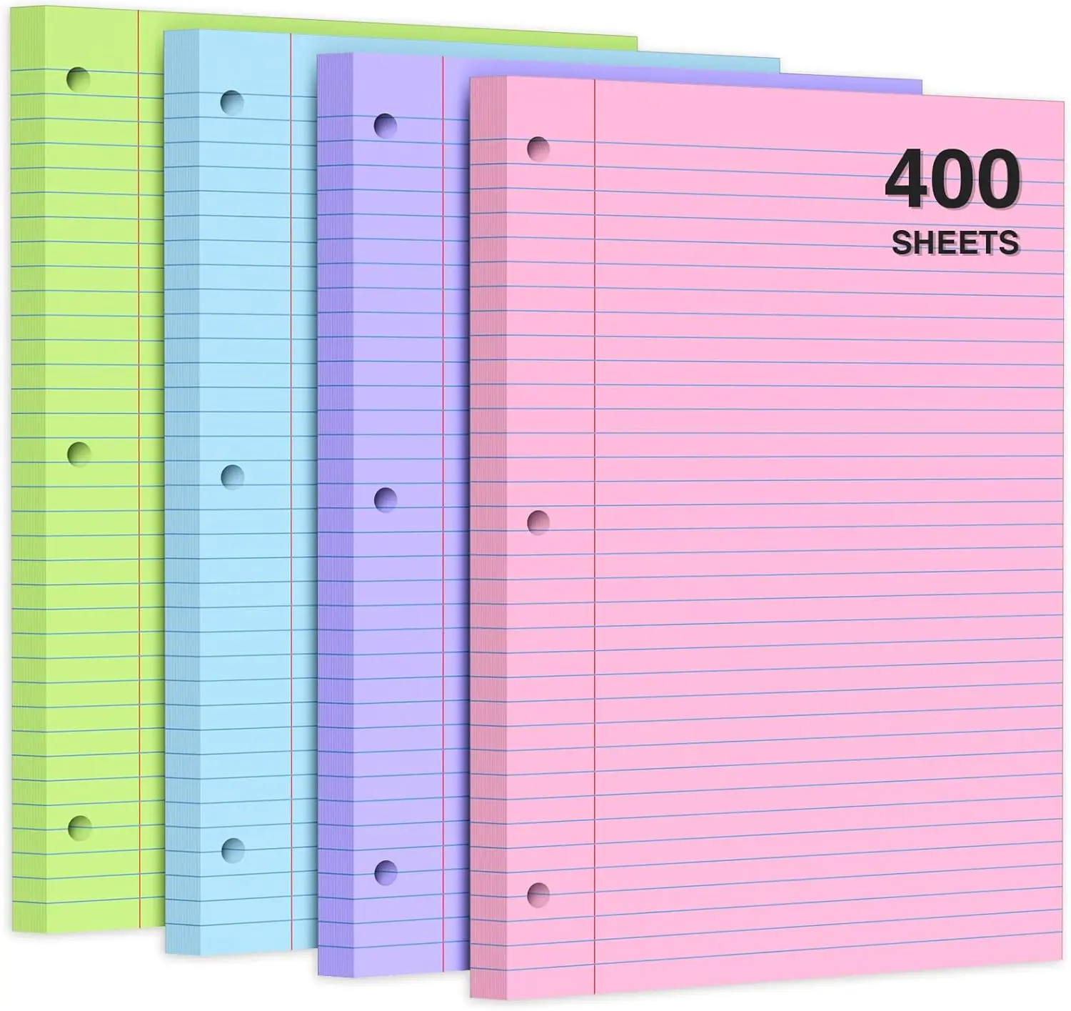 400 Sheets Pastel Colored Filler Paper, College Ruled 8x10.5 Inches, 3-Hole Punched for 3-Ring Binders
400 Sheets Pastel Colored Filler Paper, College Ruled 8x10.5 Inches, 3-Hole Punched for 3-Ring Binders