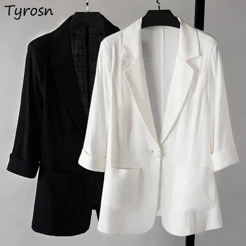 Летние блейзеры S-5XL, офисные женские базовые тонкие рукава три четверти для отдыха, однотонные, темпераментные, Casaco Feminino, универсальные с надрезом 
Летние блейзеры S-5XL, офисные женские базовые тонкие рукава три четверти для отдыха, однотонные, темпераментные, Casaco Feminino, универсальные с надрезом