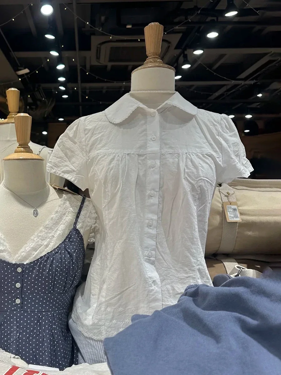 Floral Embroidery Hem T-shirt Blouse Woman Summer Peter pan Collar Short Sleeve Cotton Shirts Sweet Preppy Style Thin Tshirts
Floral Embroidery Hem T-shirt Blouse Woman Summer Peter pan Collar Short Sleeve Cotton Shirts Sweet Preppy Style Thin Tshirts