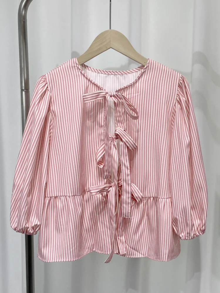 Striped O-neck Lace Up Hollow Out Shirt Women Elegant Chic Long Sleeved Ruffles Hem Tops Female Spring Summer High Street Top
Striped O-neck Lace Up Hollow Out Shirt Women Elegant Chic Long Sleeved Ruffles Hem Tops Female Spring Summer High Street Top