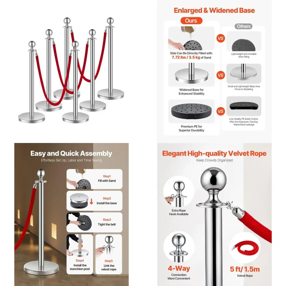 Набор из 6 стойок-ограждений из нержавеющей стали с 3 красными бархатными веревками для контроля толпы и организации мероприятий
Набор из 6 стойок-ограждений из нержавеющей стали с 3 красными бархатными веревками для контроля толпы и организации мероприятий