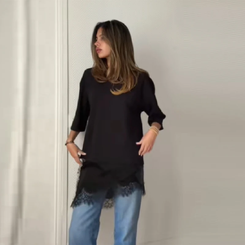 Повседневные базовые женские топы с кружевным подолом, лоскутные пуловеры с короткими рукавами, рубашки с круглым вырезом и неровным подолом, новинка 2025, классический женский топ
Повседневные базовые женские топы с кружевным подолом, лоскутные пуловеры с короткими рукавами, рубашки с круглым вырезом и неровным подолом, новинка 2025, классический женский топ