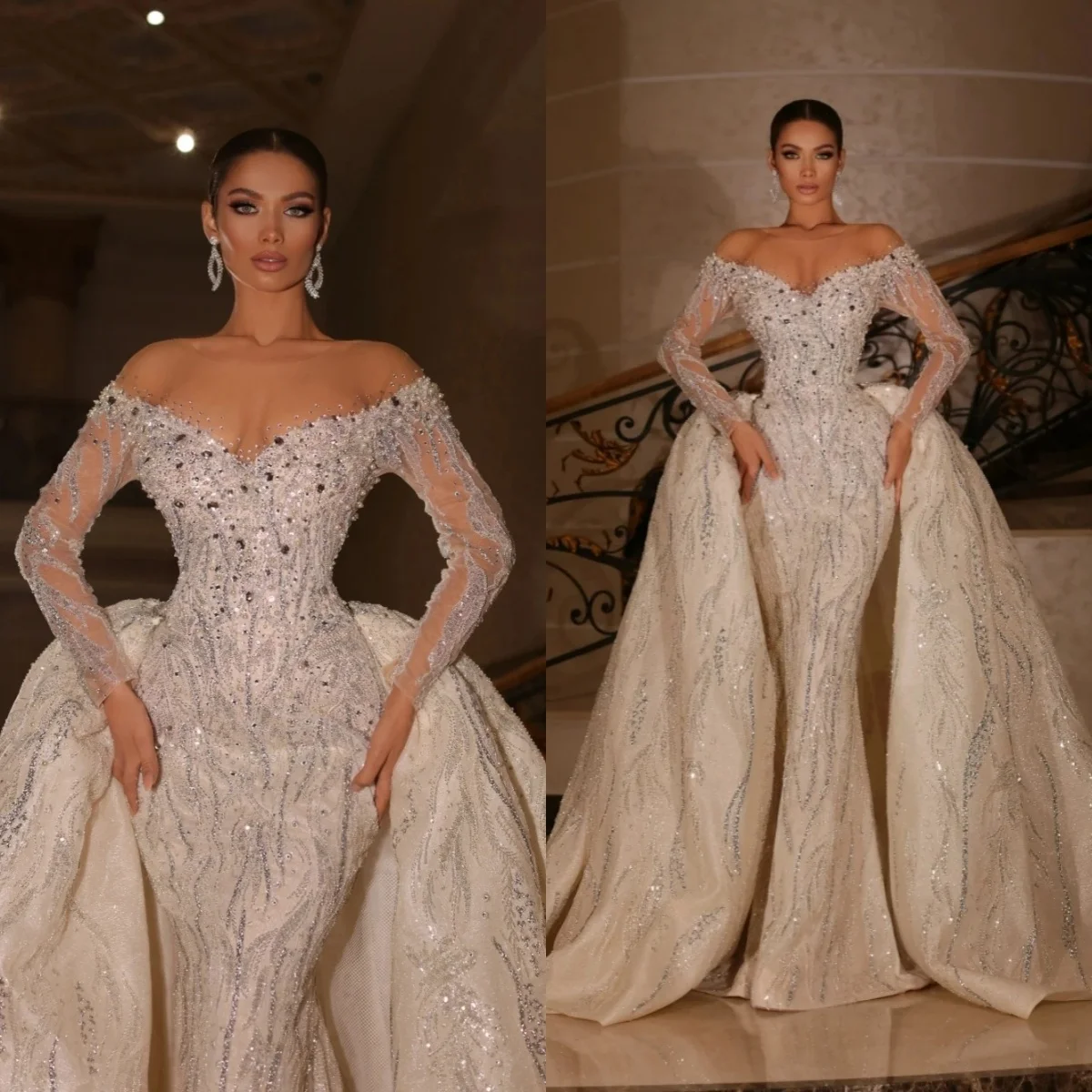 Elegant Wedding Dresses Sequins Off Shoulder Bridal Gowns Overskirt Mermaid Pearls Rhinestone Customized Bride Vestidos De Novia
Elegant Wedding Dresses Sequins Off Shoulder Bridal Gowns Overskirt Mermaid Pearls Rhinestone Customized Bride Vestidos De Novia