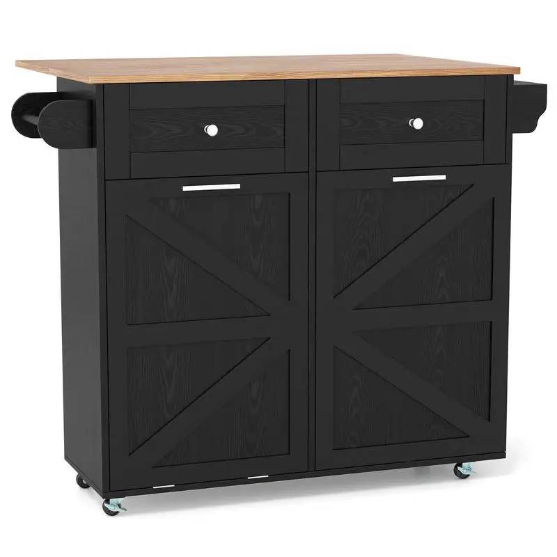 Rolling Kitchen Island with Trash Can Cabinet and Rubber Universal Wheels-Black
Rolling Kitchen Island with Trash Can Cabinet and Rubber Universal Wheels-Black