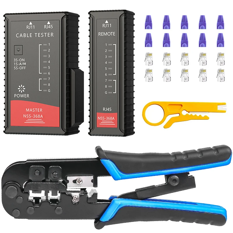 RJ45 Cat6 Crimping Tool Kit with RJ11/12/45 8P6P Network LAN Crimper Connectors and Covers Network Cable Tester Wire Stripper
RJ45 Cat6 Crimping Tool Kit with RJ11/12/45 8P6P Network LAN Crimper Connectors and Covers Network Cable Tester Wire Stripper