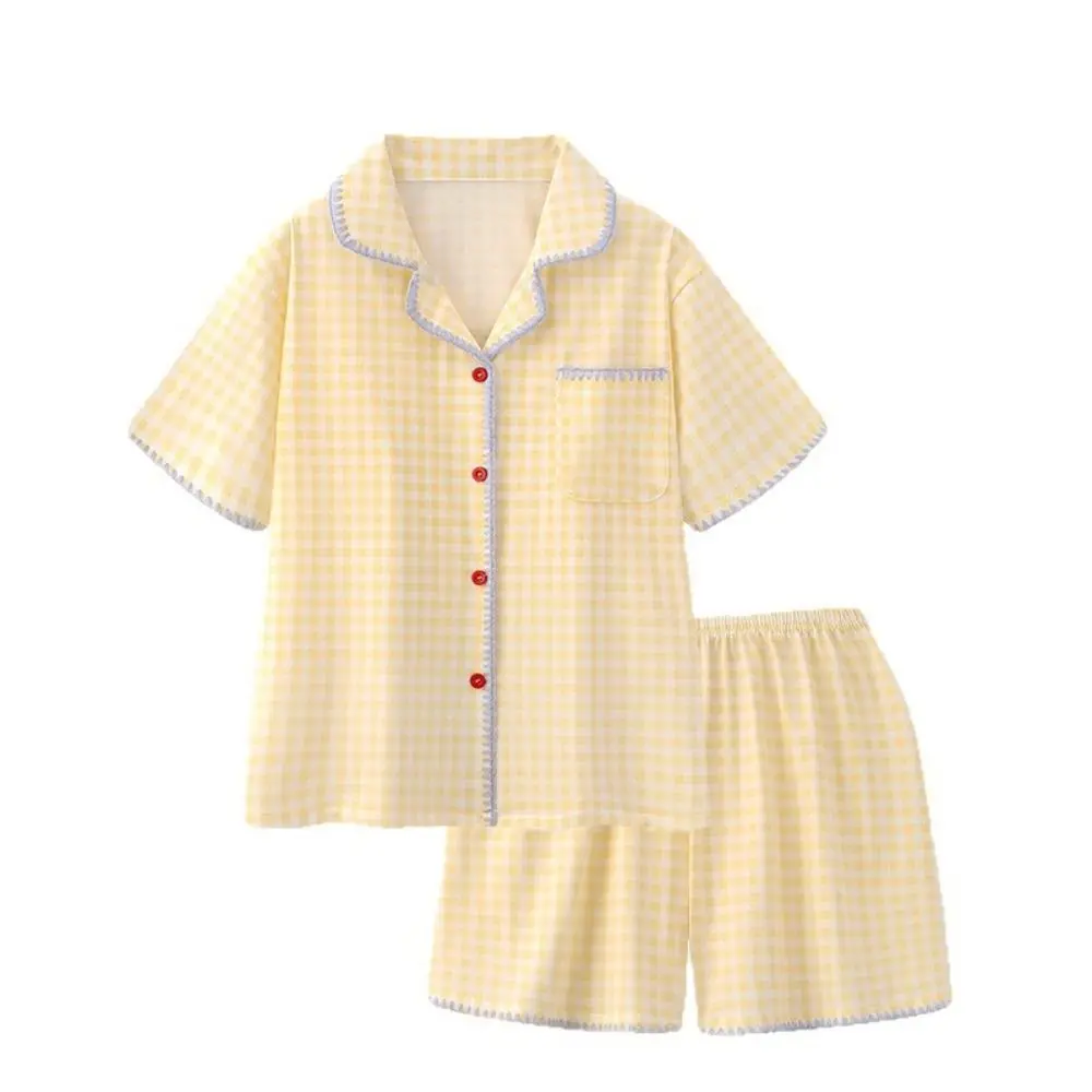 Fashion Sweet Plaid Pajamas Set Summer Thin Lattice Short Sleeve Pajamas Loose Home Wear 2 Piece Nightwear Women
Fashion Sweet Plaid Pajamas Set Summer Thin Lattice Short Sleeve Pajamas Loose Home Wear 2 Piece Nightwear Women