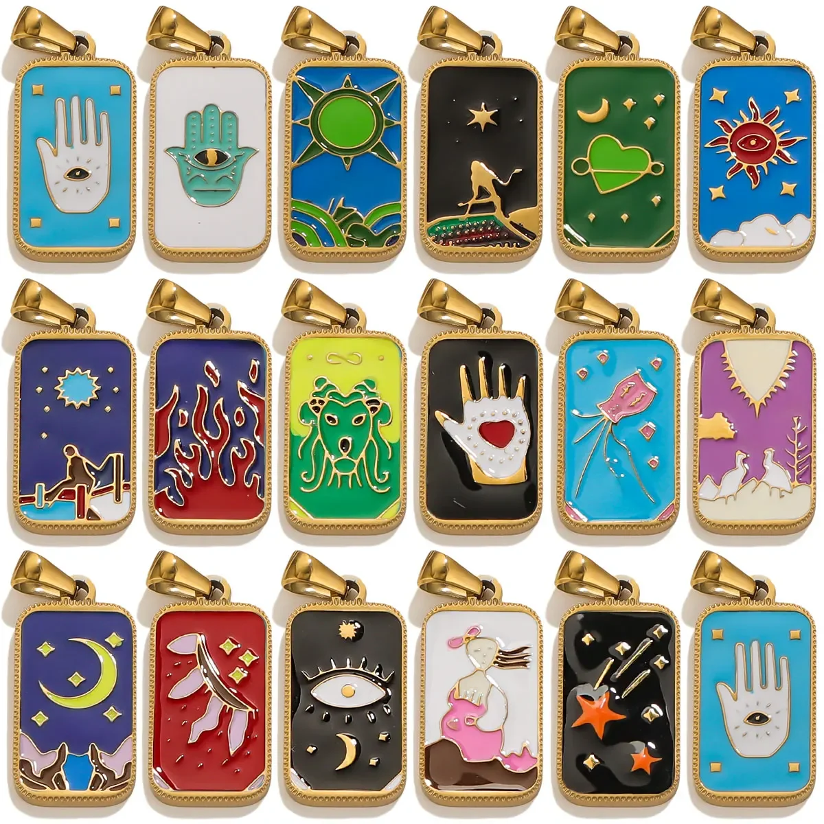 5 PCS Stainless Steel Gold Plated Tarot Card Moon Palm Pendant DIY Gold Necklace Bracelet Earrings Jewelry Colorful Accessories
5 PCS Stainless Steel Gold Plated Tarot Card Moon Palm Pendant DIY Gold Necklace Bracelet Earrings Jewelry Colorful Accessories