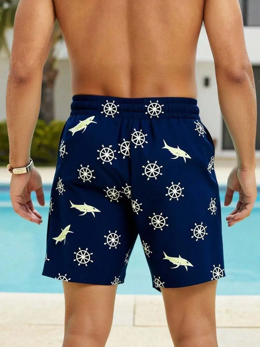 Mens Beach Shorts With Shark And Steering Wheel Print Drawstring Waist
Mens Beach Shorts With Shark And Steering Wheel Print Drawstring Waist