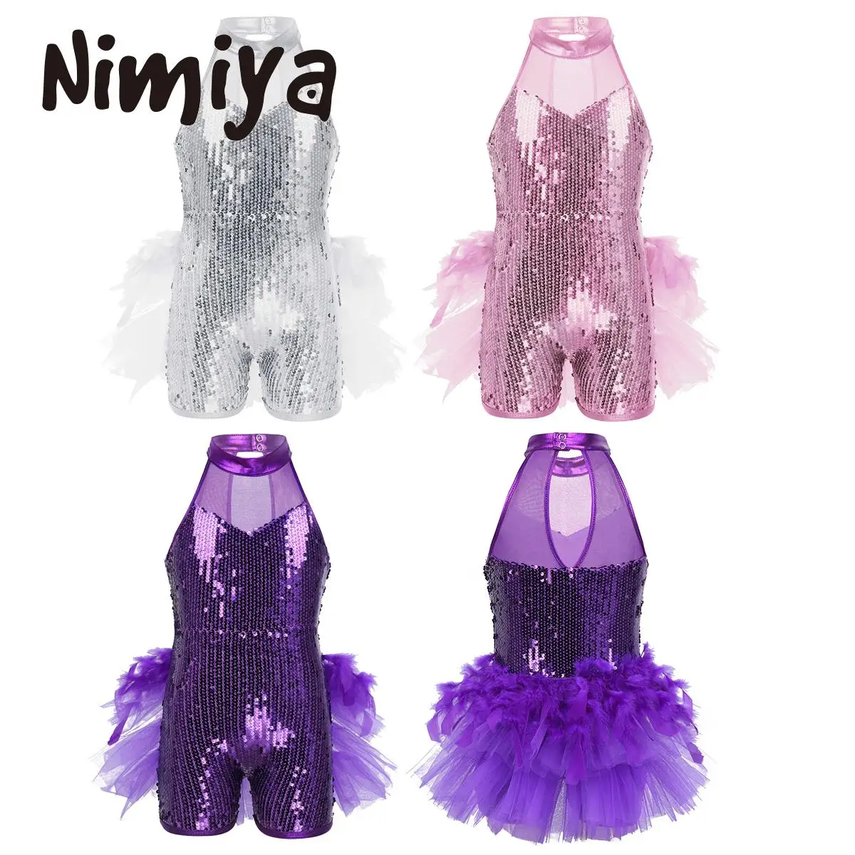 Nimiya Kids Girls Sleeveless Pure Color Shiny Sequins Mock Neck Latin Dance Dresses with Feather Ballet Dance Leotard Costumes
Nimiya Kids Girls Sleeveless Pure Color Shiny Sequins Mock Neck Latin Dance Dresses with Feather Ballet Dance Leotard Costumes