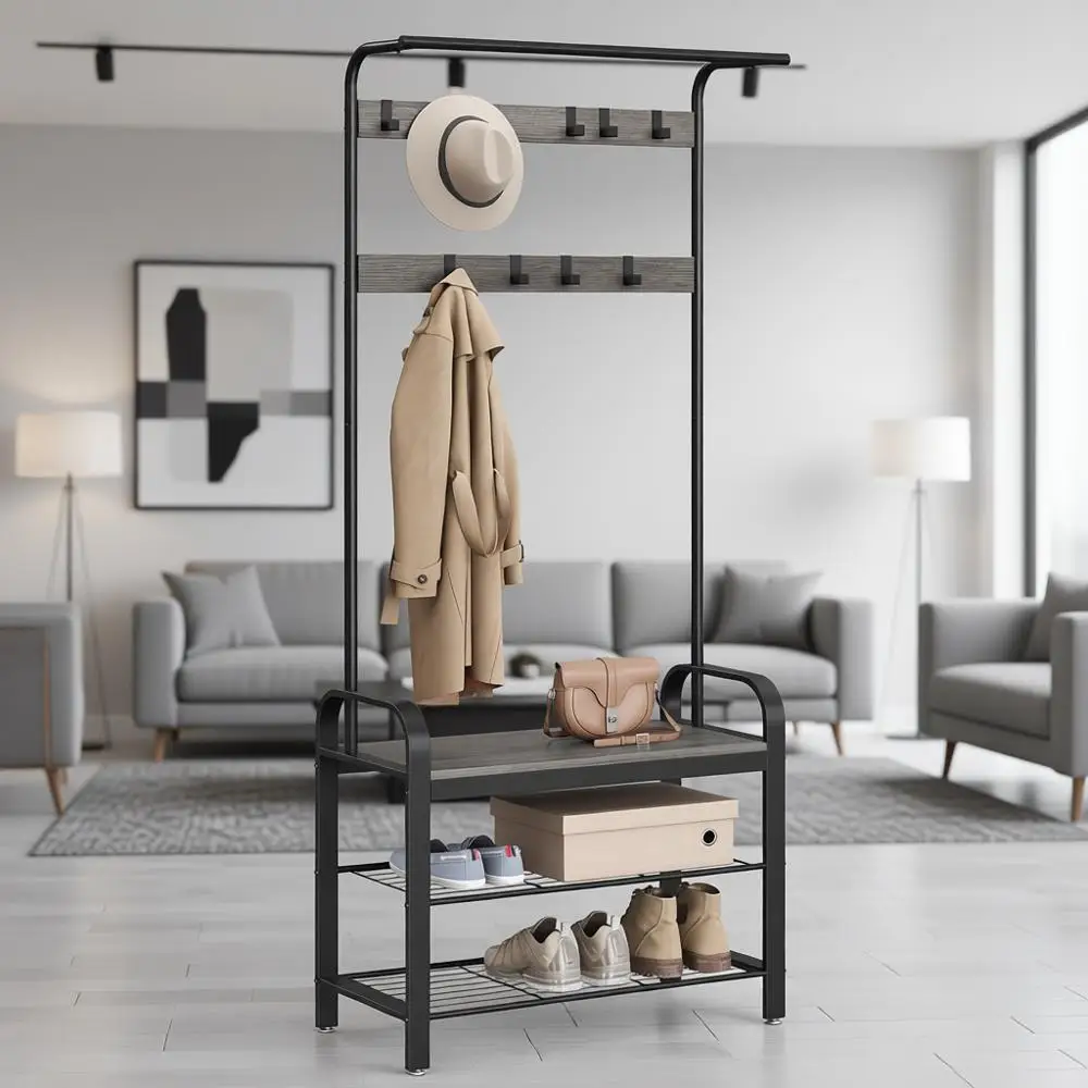 Банкетка-тумба 4-в-1 для прихожей с вешалкой, местом для обуви, 9 крючками, штангой для одежды, 13.3x28.3x72.1, цвет: угольно-серый и черный
Банкетка-тумба 4-в-1 для прихожей с вешалкой, местом для обуви, 9 крючками, штангой для одежды, 13.3x28.3x72.1, цвет: угольно-серый и черный