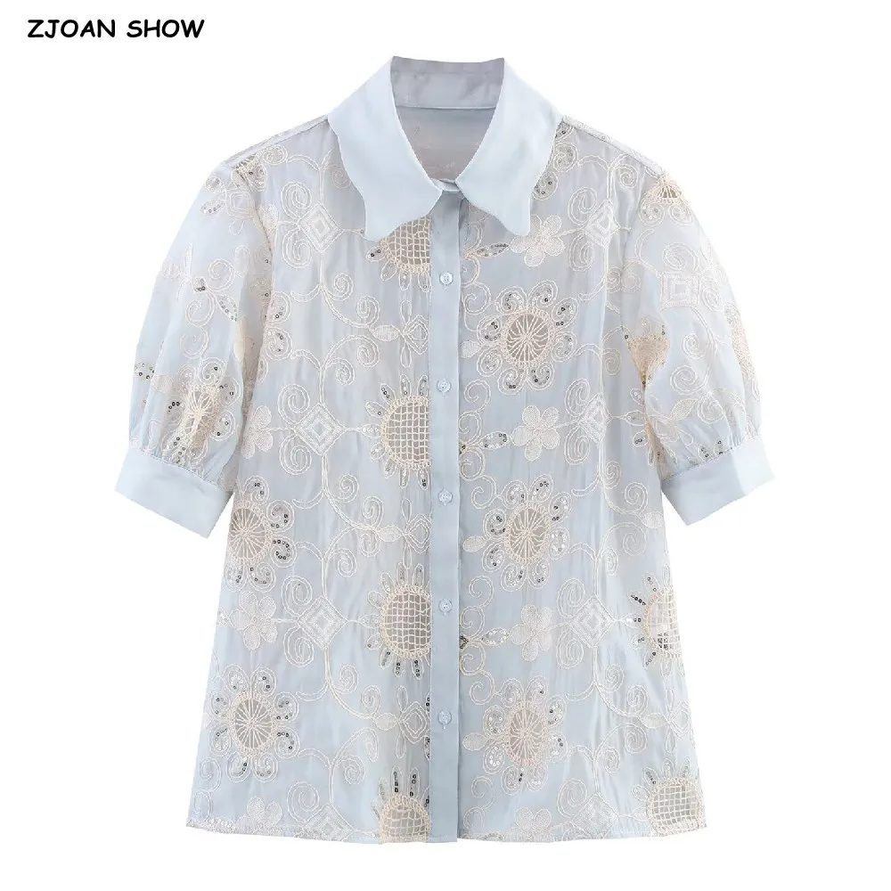 2025 Fashion Sequins Embroidery Hollow Out Lapel Collar Short Puff Sleeve Shirt Women Single-breasted Buttons Blouse Crop Tops
2025 Fashion Sequins Embroidery Hollow Out Lapel Collar Short Puff Sleeve Shirt Women Single-breasted Buttons Blouse Crop Tops