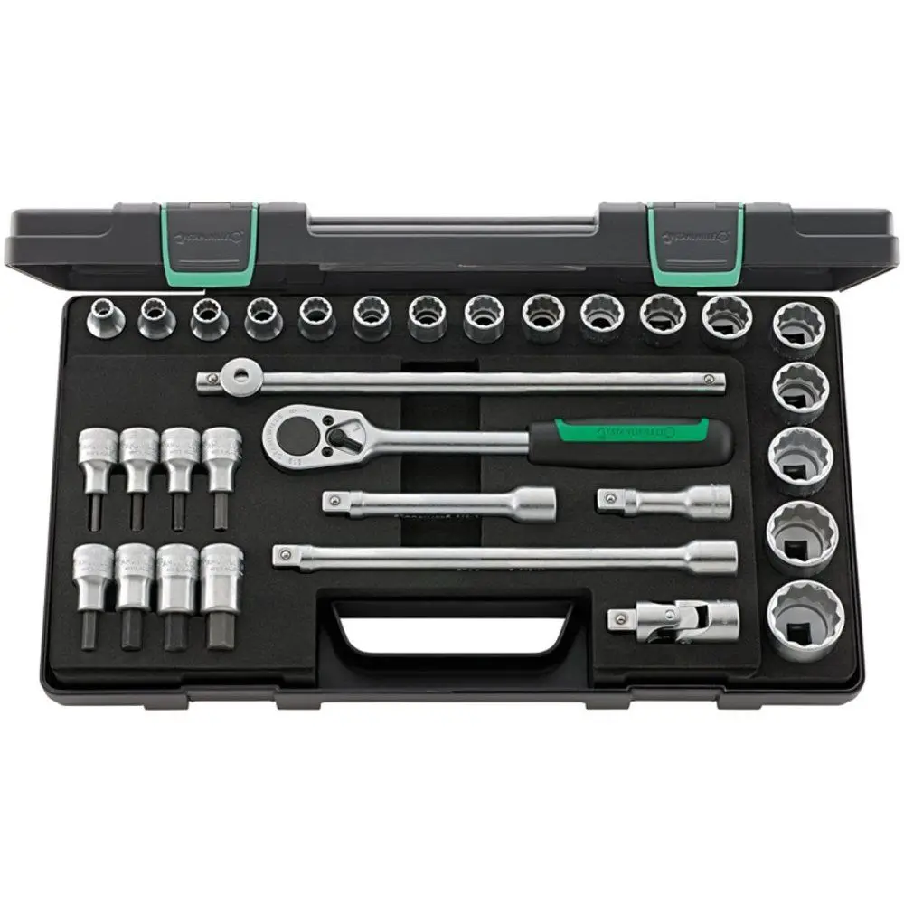 1/2 Drive 50/54/25/6 Socket Set, 31 Pieces, Bi-Hex, INHEX, Ratchet, Extensions, T-Handle, Unil Joint, German Made
1/2 Drive 50/54/25/6 Socket Set, 31 Pieces, Bi-Hex, INHEX, Ratchet, Extensions, T-Handle, Unil Joint, German Made