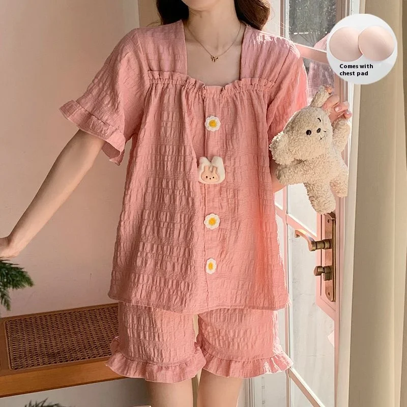 New Ladies Pajamas Women Spring and Summer New Short-Sleeved Shorts Cute Sweet Wind Loose with Cushion Pajamas Homewear Suit
New Ladies Pajamas Women Spring and Summer New Short-Sleeved Shorts Cute Sweet Wind Loose with Cushion Pajamas Homewear Suit