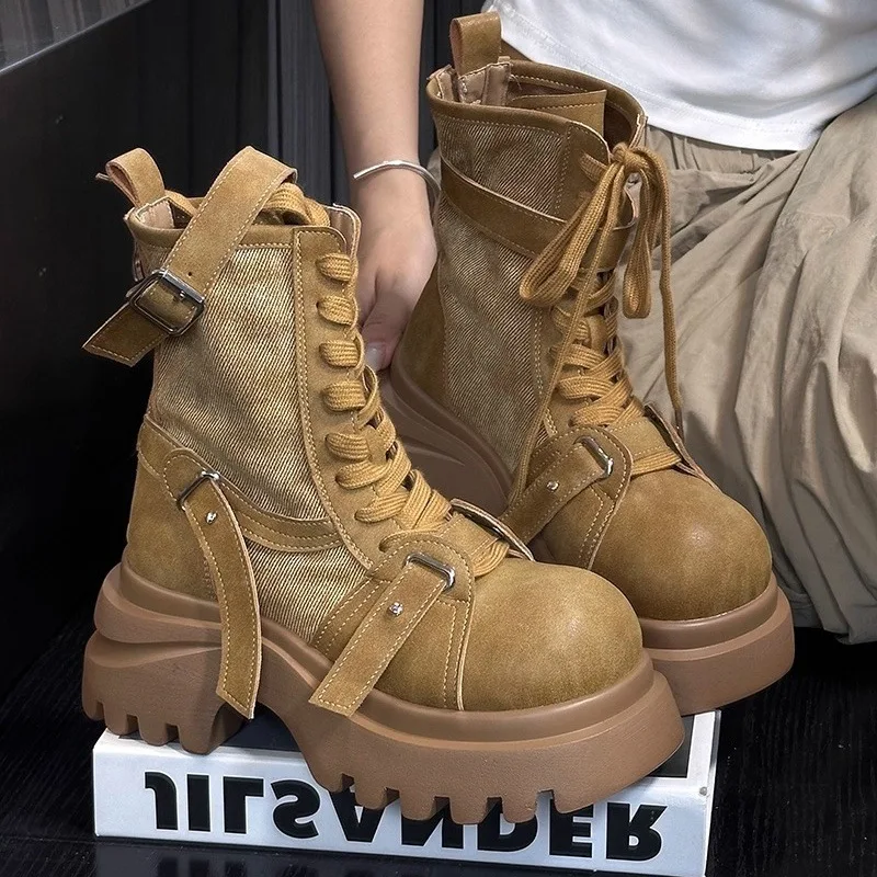 Women's Platform Boots High Quality Motorcycle Boots Big Head Denim Height Increasing Thick-soled Women's Boots Botas Para Mujer
Women's Platform Boots High Quality Motorcycle Boots Big Head Denim Height Increasing Thick-soled Women's Boots Botas Para Mujer