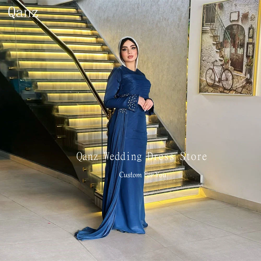 Qanz Dubai Luxury Evening Dress Navy Blue Chiffon O Neck Vestidos Elegantes Crystal Mermaid Robe Soirées Chic Customized
Qanz Dubai Luxury Evening Dress Navy Blue Chiffon O Neck Vestidos Elegantes Crystal Mermaid Robe Soirées Chic Customized
