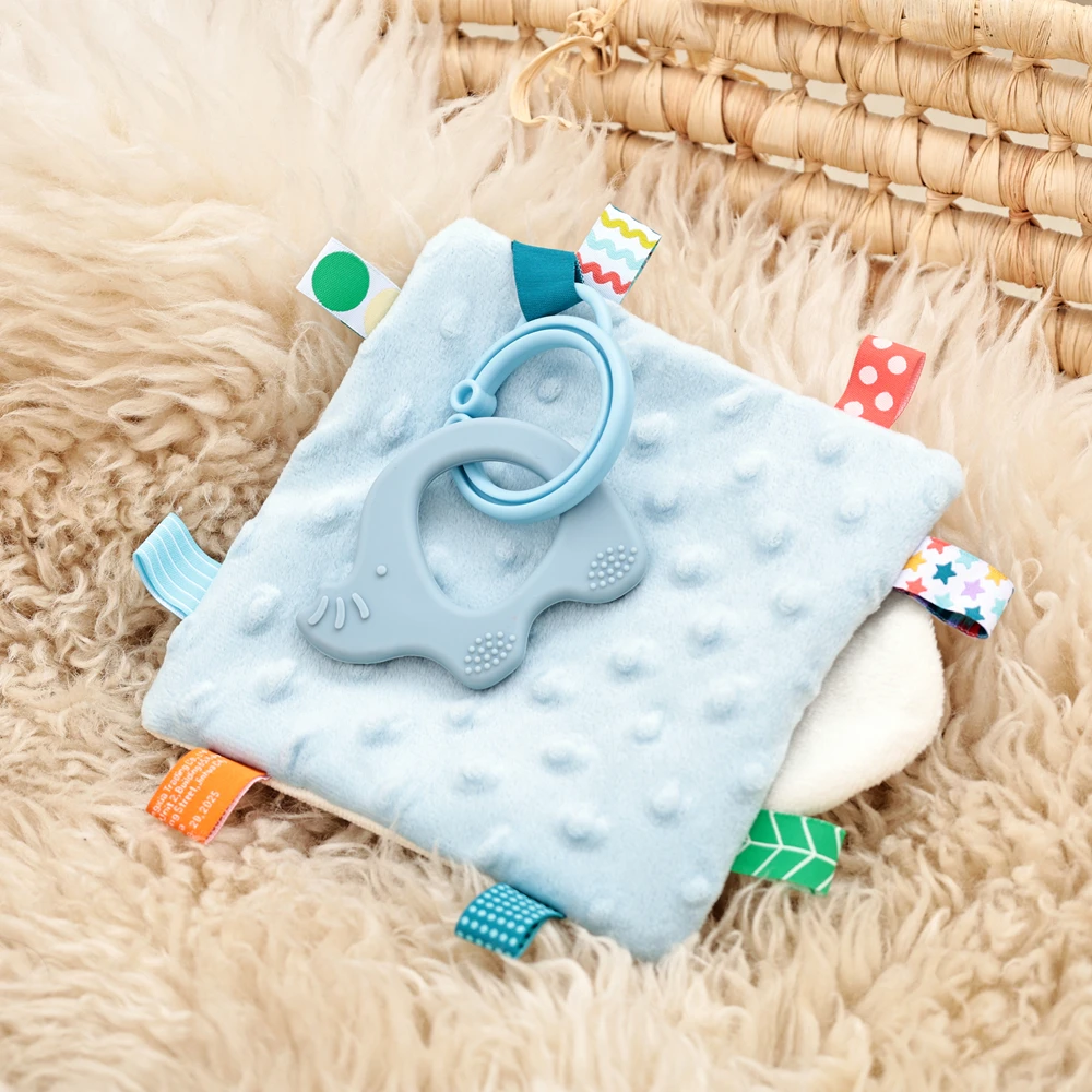 Elephant Baby Security Blanket with Detachable Silicone Teether Press to Sound Textured Ribbon Dual Sided Sensory Baby Toys Gift
Elephant Baby Security Blanket with Detachable Silicone Teether Press to Sound Textured Ribbon Dual Sided Sensory Baby Toys Gift