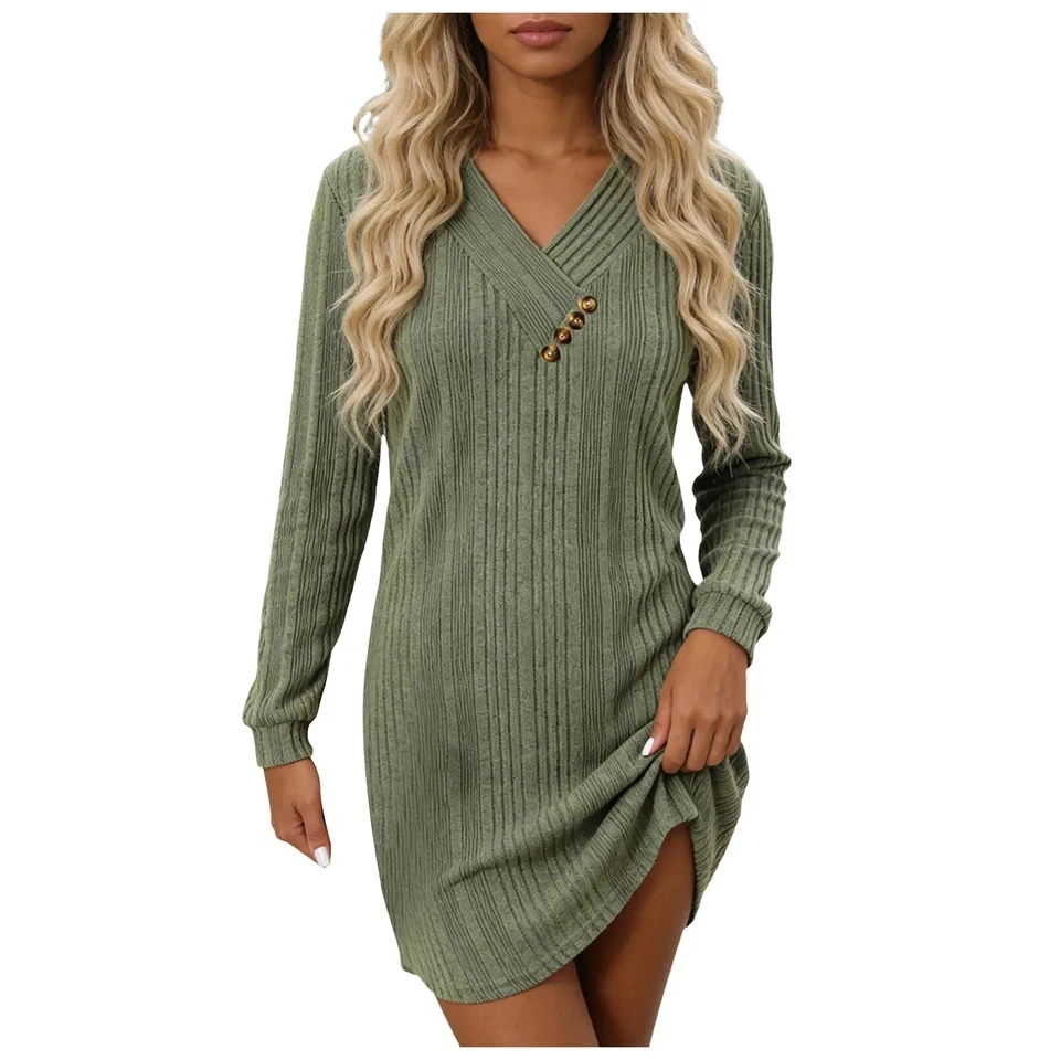 Spring Autumn Women's Dress Buttons V-Neck Knitted Long Sleeve Sweater Dress Solid Color Elegant Ladies Dresses Vestidos
Spring Autumn Women's Dress Buttons V-Neck Knitted Long Sleeve Sweater Dress Solid Color Elegant Ladies Dresses Vestidos