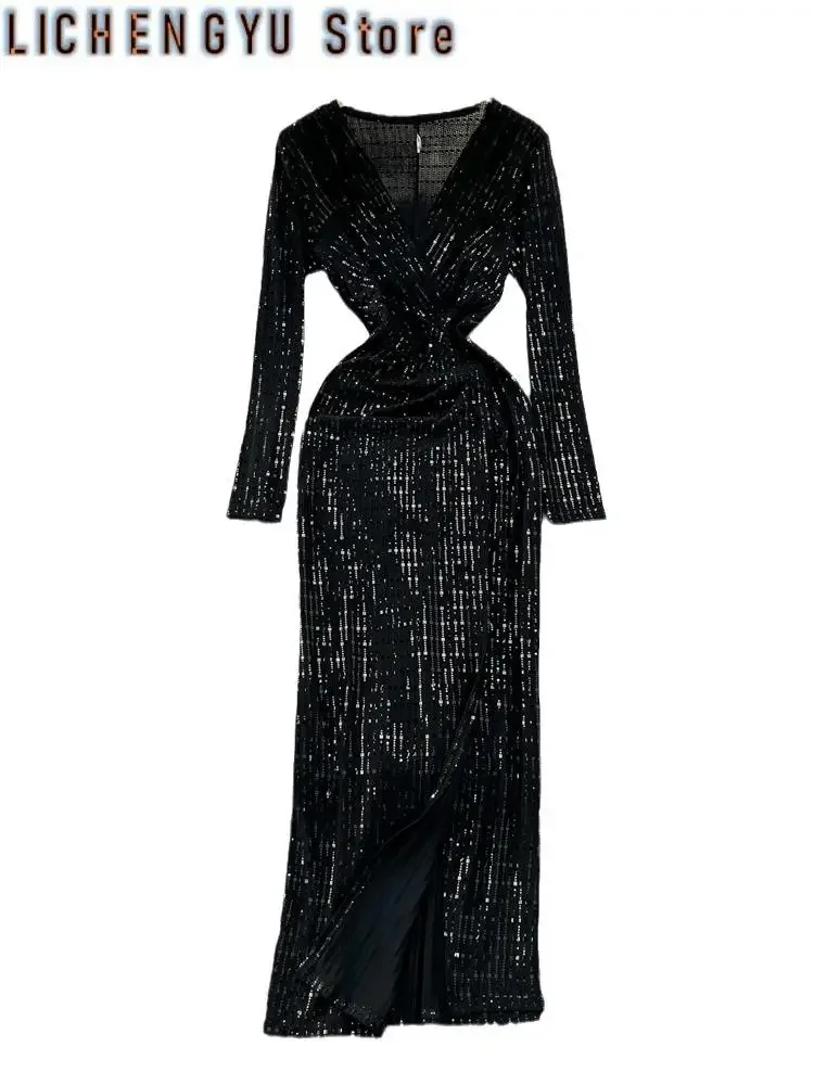Elegant Chic Y2K Women's Dress Long-sleeve V-neck Split Sequins Patchwork Hip Warp Dresses Autumn Winter New
Elegant Chic Y2K Women's Dress Long-sleeve V-neck Split Sequins Patchwork Hip Warp Dresses Autumn Winter New