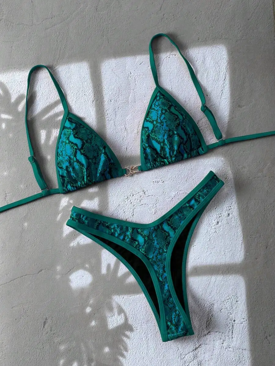 Emerald Green Snake Print Triangle Top High Cut Thong Bikini Set
Emerald Green Snake Print Triangle Top High Cut Thong Bikini Set