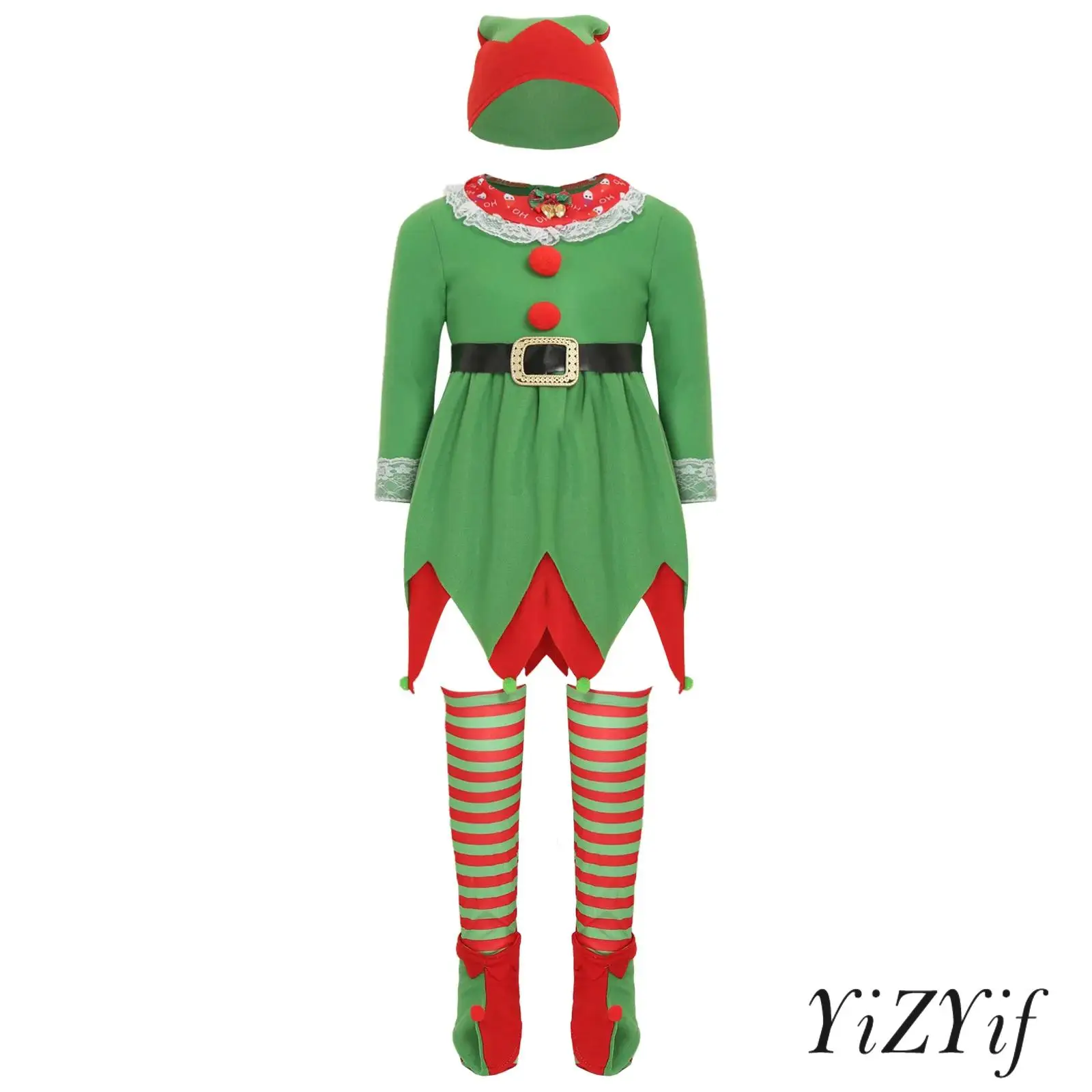 Girls Christmas 5Pcs Elf Costume Set Turn-Down Collar Long Sleeve Dress with Matched Hat Waistbelt Stripe Sock And Shoe Covers 
Girls Christmas 5Pcs Elf Costume Set Turn-Down Collar Long Sleeve Dress with Matched Hat Waistbelt Stripe Sock And Shoe Covers