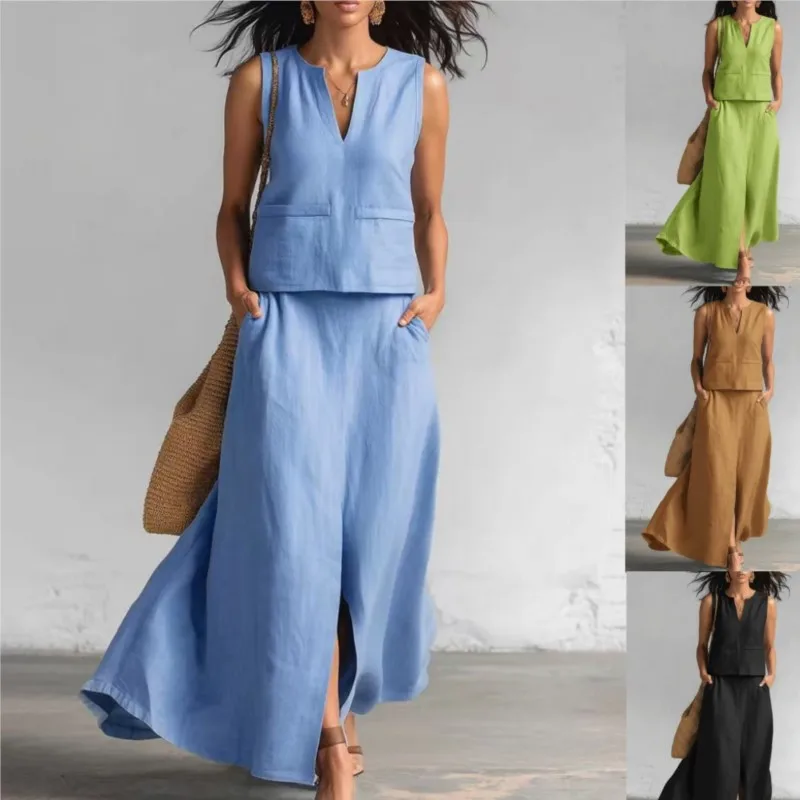 Women's Tank Shirt Skirt 2-piece Set Suit New Sleeveless Solid Cotton Linen V-neck Sleeveless Top Casual Pocket Skirt Suit Women
Women's Tank Shirt Skirt 2-piece Set Suit New Sleeveless Solid Cotton Linen V-neck Sleeveless Top Casual Pocket Skirt Suit Women