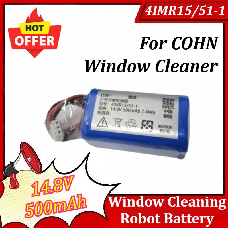 14.8V 500mAh 7.4Wh 4IMR15/51-1 3-wire plug for COHN Window Cleaner Rechargeable Battery
14.8V 500mAh 7.4Wh 4IMR15/51-1 3-wire plug for COHN Window Cleaner Rechargeable Battery