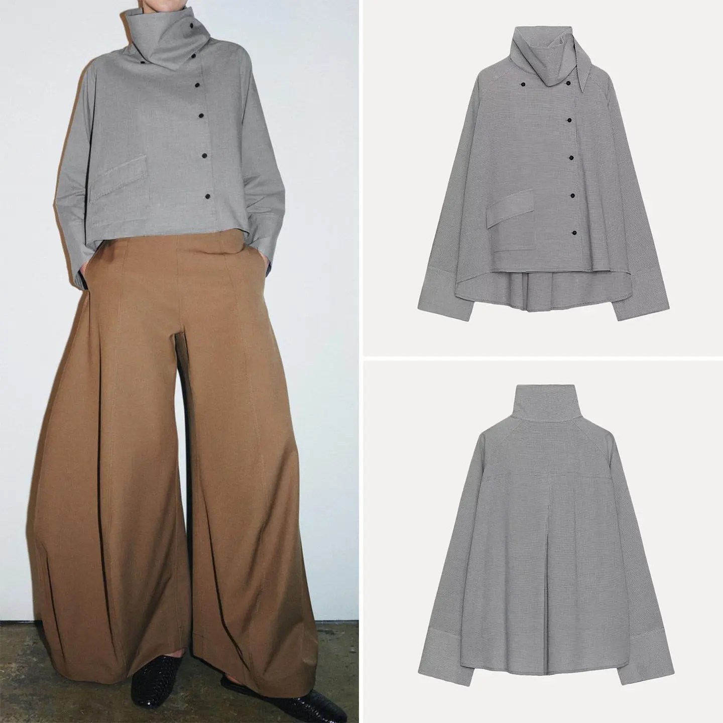 Новая женская зимняя рубашка свободного кроя с высоким воротником, плиссированная, на пуговицах, для повседневной носки, простой дизайн, китайское производство
Новая женская зимняя рубашка свободного кроя с высоким воротником, плиссированная, на пуговицах, для повседневной носки, простой дизайн, китайское производство