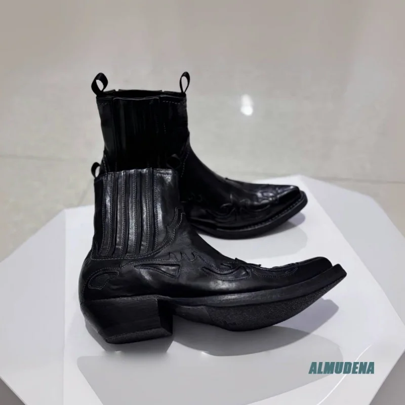 Retro Black Western Cowboy Ankle Boots Men's Embroidery Pointed Toe Elastic Block Heel Casual Street Style Fashion Shoes
Retro Black Western Cowboy Ankle Boots Men's Embroidery Pointed Toe Elastic Block Heel Casual Street Style Fashion Shoes