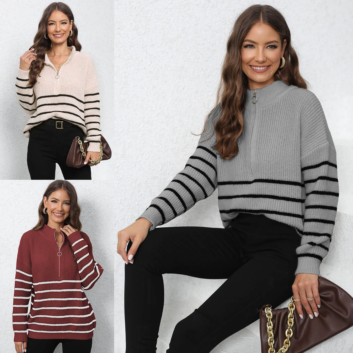 High neck loose striped patch long sleeved warm top elegant and refined college style women's zipper collar knitted sweater
High neck loose striped patch long sleeved warm top elegant and refined college style women's zipper collar knitted sweater