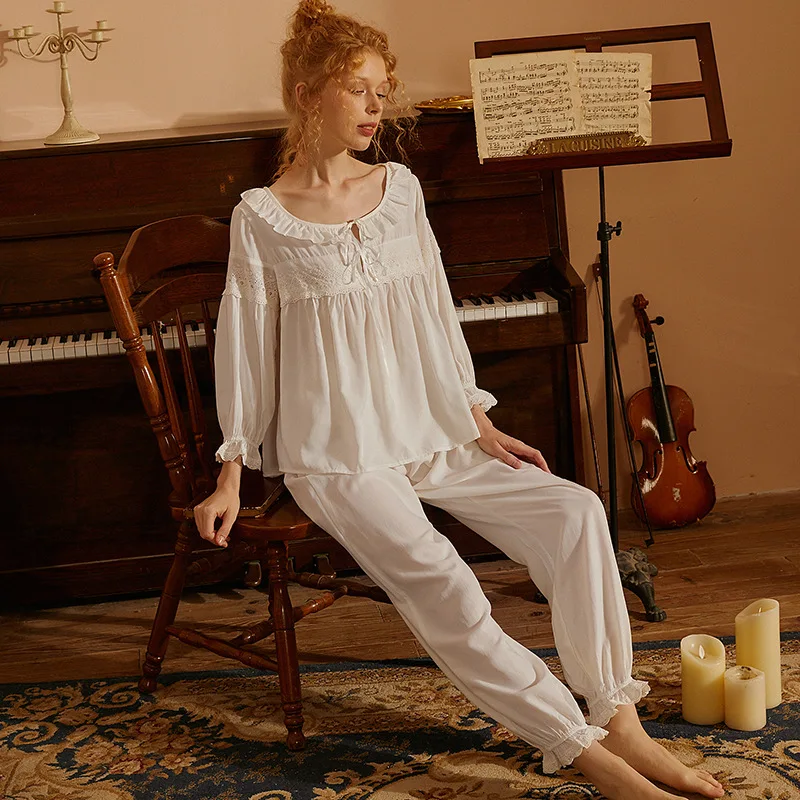 Autumn Sexy Lace Loungewear Sweet Tops Pants Two Piece Sets Princess Sleepwear Nightwear Fairy Women Cotton Round Neck Pajamas
Autumn Sexy Lace Loungewear Sweet Tops Pants Two Piece Sets Princess Sleepwear Nightwear Fairy Women Cotton Round Neck Pajamas