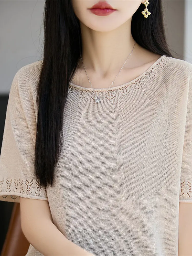 Loose Fit Pearl Linen Knitted Short Sleeve T-Shirt Women Summer Thin Hollow out Backless Top Breathable Casual round Neck
Loose Fit Pearl Linen Knitted Short Sleeve T-Shirt Women Summer Thin Hollow out Backless Top Breathable Casual round Neck