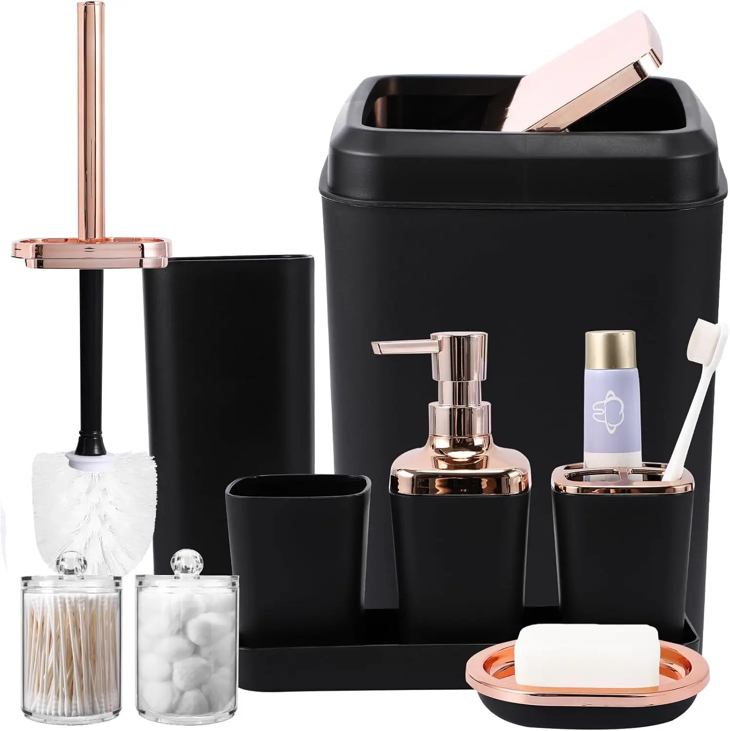 Black Bathroom Accessories, 9-Piece Black Bathroom Set with Trash Can, Vanity Tray, Soap Dispenser, Soap Dish, Toothbrush Holder
Black Bathroom Accessories, 9-Piece Black Bathroom Set with Trash Can, Vanity Tray, Soap Dispenser, Soap Dish, Toothbrush Holder