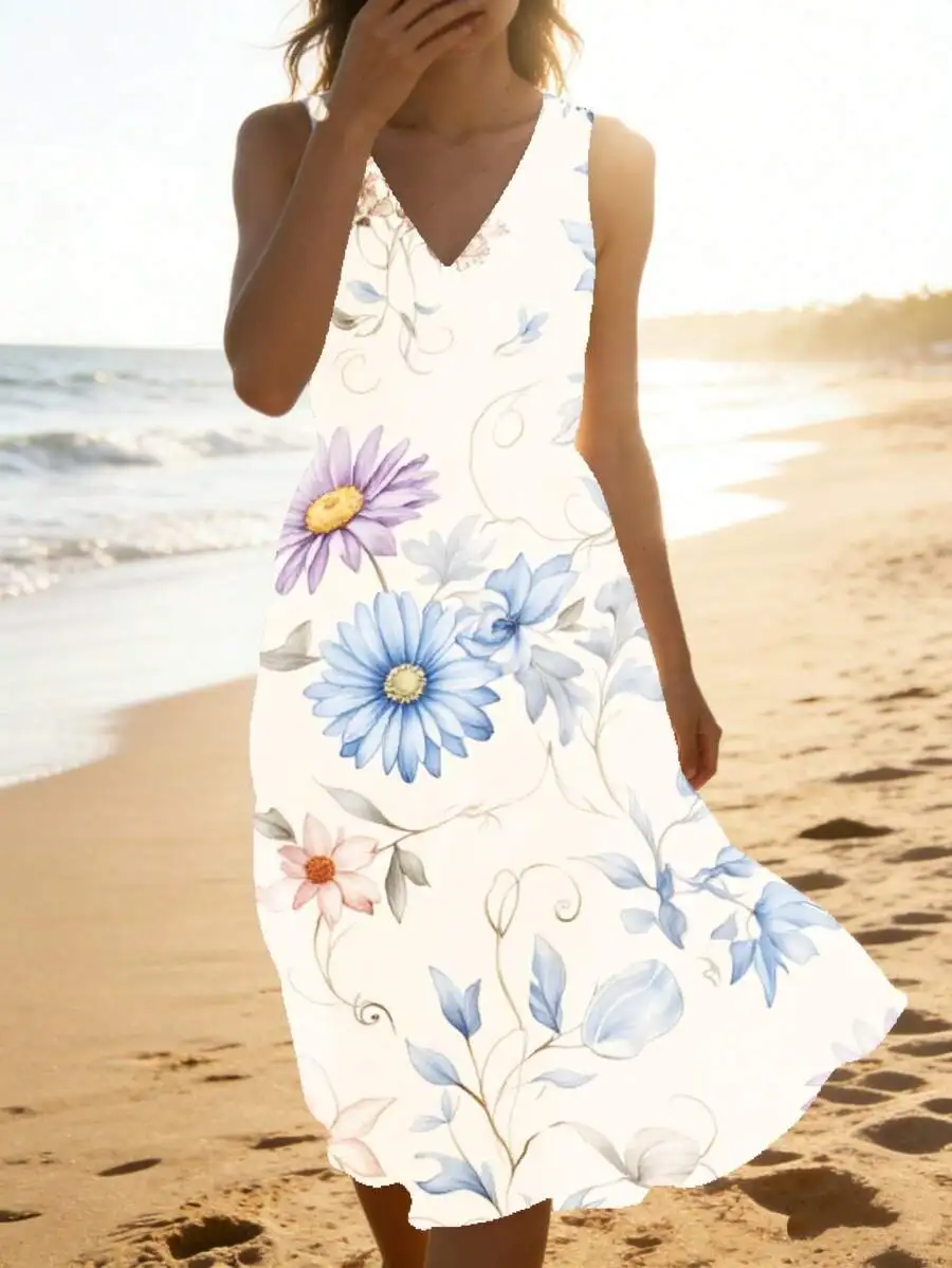 Floral Print Sleeveless V Neck Dress White With Purple Blue Pink Flowers Beach Summer Outfit
Floral Print Sleeveless V Neck Dress White With Purple Blue Pink Flowers Beach Summer Outfit