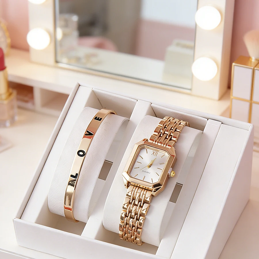 2 шт./компл. роскошные женские кварцевые часы с набором браслетов LOVE, ремешок из сплава, деловые женские кварцевые наручные часы, золотые женские часы
2 шт./компл. роскошные женские кварцевые часы с набором браслетов LOVE, ремешок из сплава, деловые женские кварцевые наручные часы, золотые женские часы