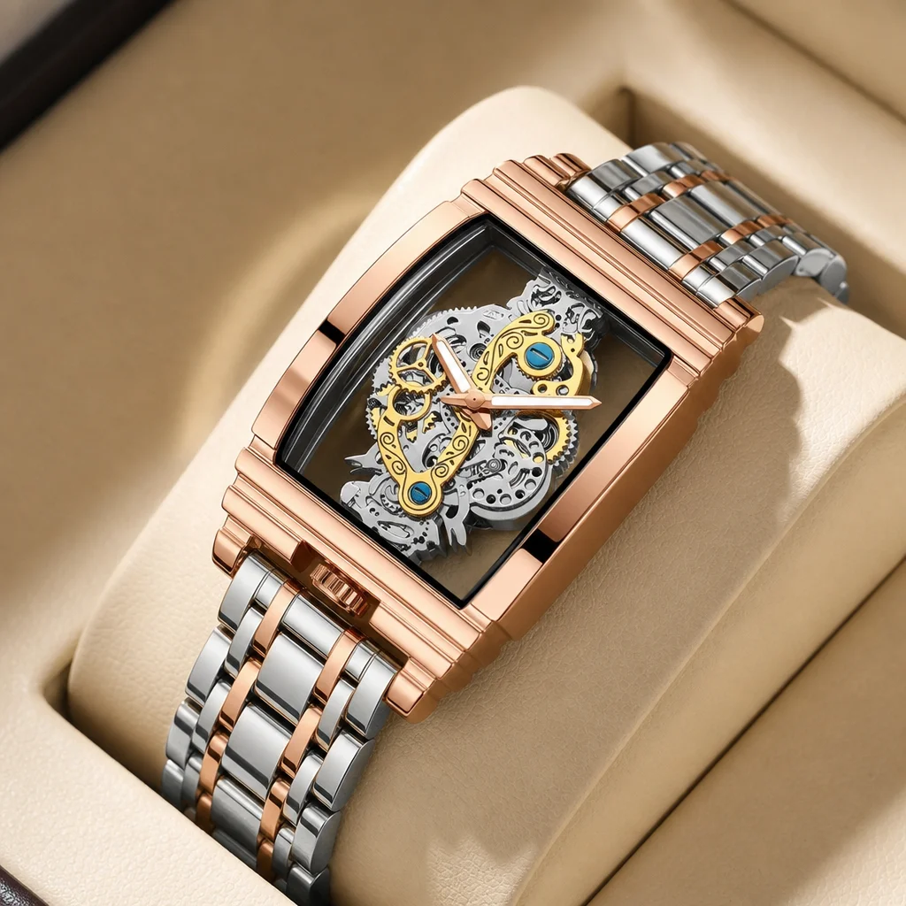 1pc Square Case Color Block Metal Strap Skeleton Mechanical Watch Fashion Trendy Personality Wristwatch Modern Design Un
1pc Square Case Color Block Metal Strap Skeleton Mechanical Watch Fashion Trendy Personality Wristwatch Modern Design Un
