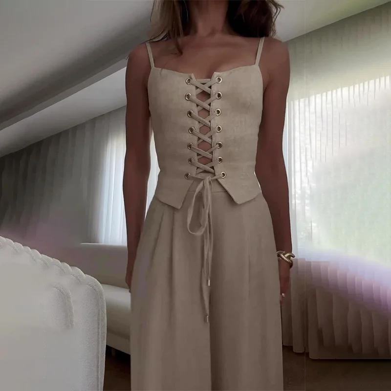 Women Casual Sleeveless Solid Two Piece Suit Fashion Hollow Wide Leg Pant Set Elegant Off Shoulder Tie Up Top & Long Pant Outfit
Women Casual Sleeveless Solid Two Piece Suit Fashion Hollow Wide Leg Pant Set Elegant Off Shoulder Tie Up Top & Long Pant Outfit