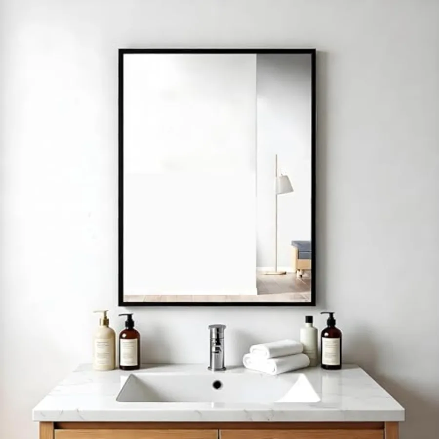 Rectangular Wall Mirror, Black Aluminum Frame, 18x24 Inches, Modern Style, Tempered Glass, Wall Mount for Bathroom Bedroom Livi
Rectangular Wall Mirror, Black Aluminum Frame, 18x24 Inches, Modern Style, Tempered Glass, Wall Mount for Bathroom Bedroom Livi