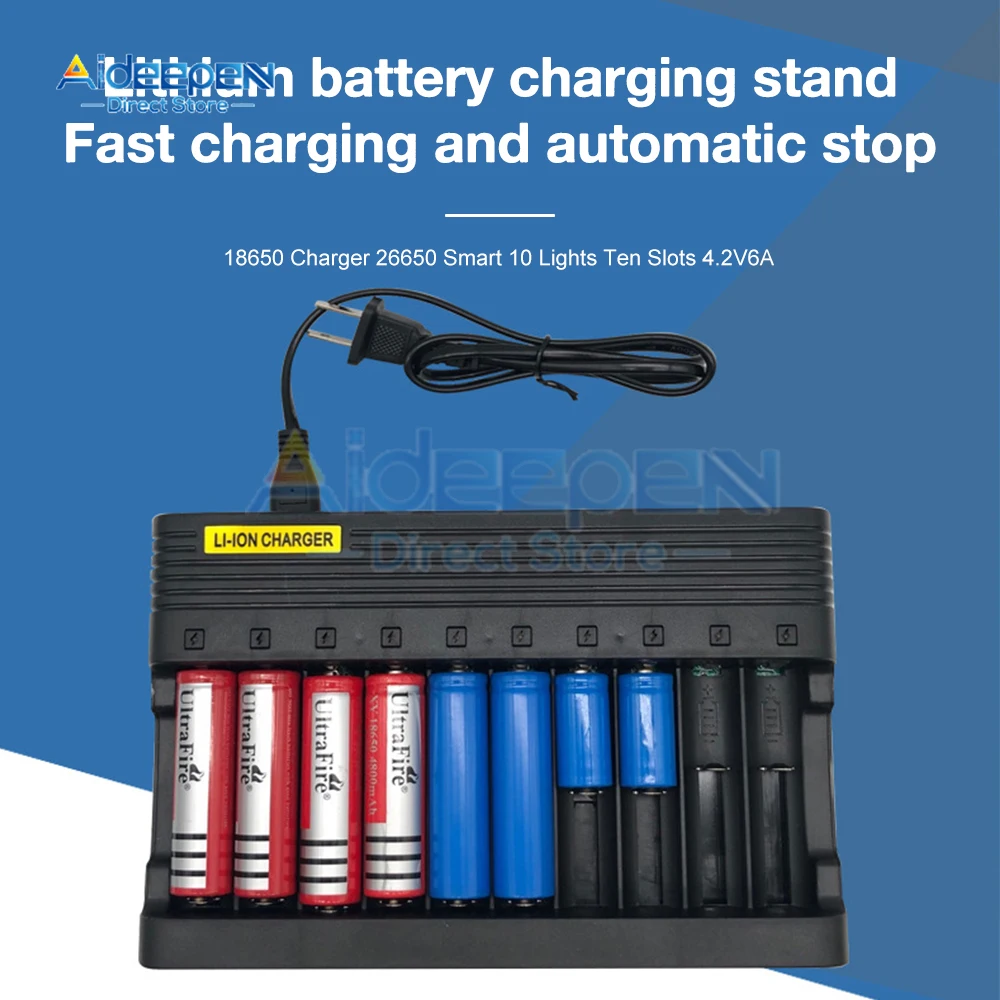 18650 Li-ion Battery Charger 10 Slots AC 110V 220V EU/US Plug For 18650 Charging 4.2V Rechargeable Charge for 26650 17500 25500
18650 Li-ion Battery Charger 10 Slots AC 110V 220V EU/US Plug For 18650 Charging 4.2V Rechargeable Charge for 26650 17500 25500