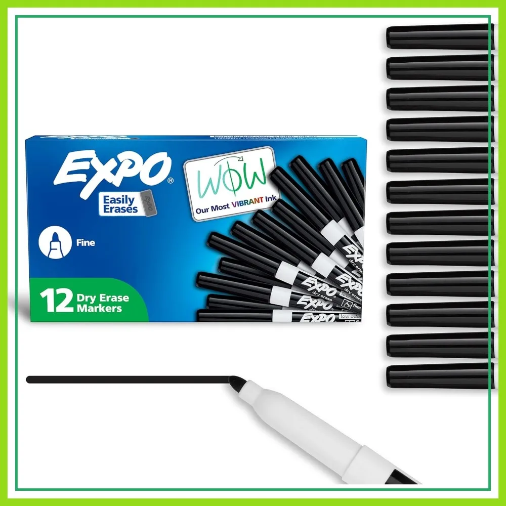EXPO Dry Erase Markers, Low Odor Ink, Black, Fine Tip, 12 Count - Whiteboard, Calendar, Office & School Supplies
EXPO Dry Erase Markers, Low Odor Ink, Black, Fine Tip, 12 Count - Whiteboard, Calendar, Office & School Supplies