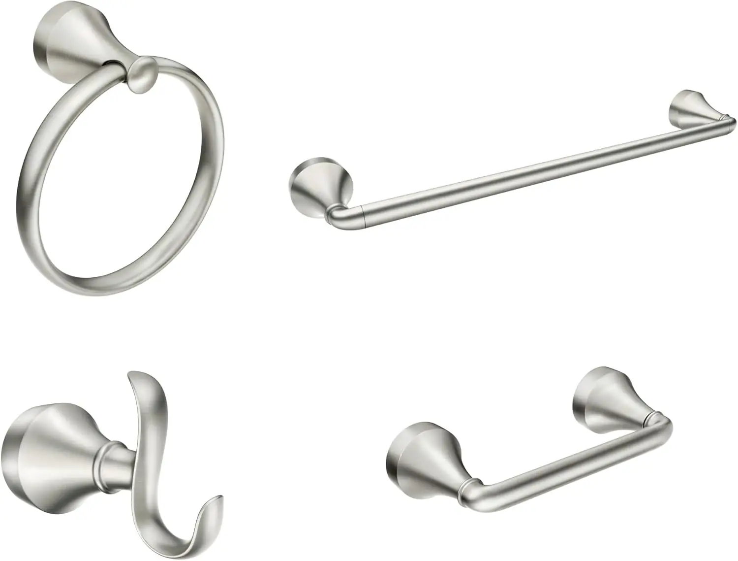 Brushed Nickel 4-Piece Bathroom Set with Towel Ring, Hook, Bar & Pivoting Paper Holder
Brushed Nickel 4-Piece Bathroom Set with Towel Ring, Hook, Bar & Pivoting Paper Holder