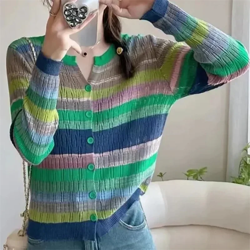 Women's Design Sensation Small Group Hollow Out Round Neck Rainbow Spliced Stripe Knitting Sweater Top
Women's Design Sensation Small Group Hollow Out Round Neck Rainbow Spliced Stripe Knitting Sweater Top